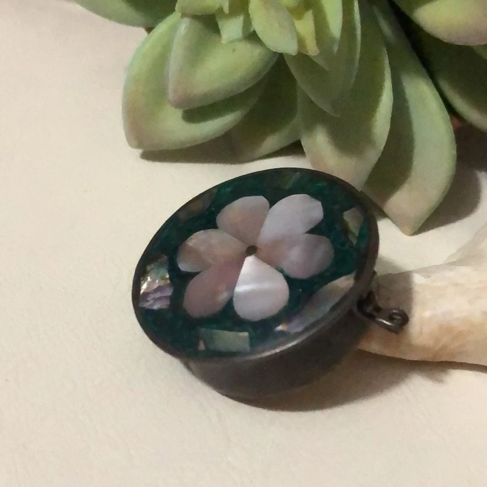 Handmade Vintage Mini Metal Tin-Abalone Inlay Cover Detail